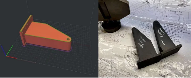 Raise3D E2CF creates a 3D part shown in design software, with printed parts on engineering blueprints, highlighting precision and functionality.
