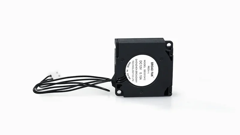 Cooling fan component for Raise3D E2CF 3D printer, square with wired cable.