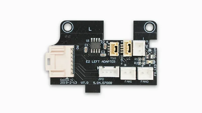 Raise3D E2CF adapter board with connectors and electronic components, labeled "E2 Left Adapter", showcasing detailed circuitry design.