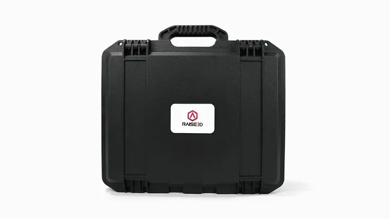 Raise3D E2CF 3D printer protective black carrying case with a handle and visible branding logo.