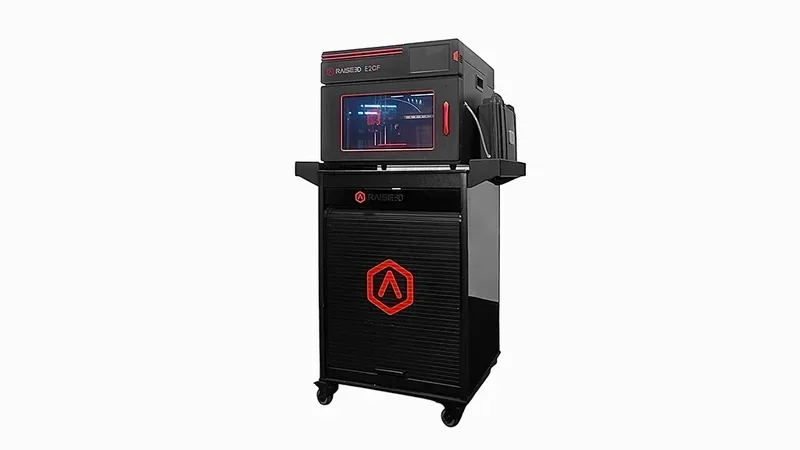 Raise3D E2CF 3D printer with enclosed build chamber, black and red design, and control panel; ideal for creating professional-grade parts.