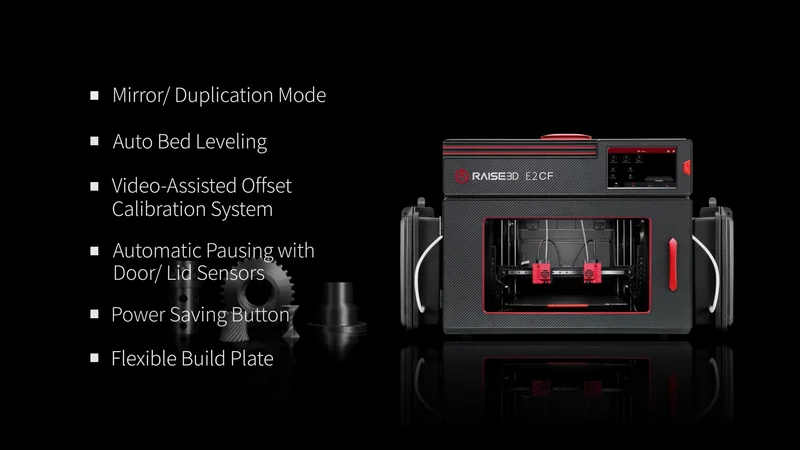 Raise3D E2CF 3D printer features beside printed samples on black background, highlighting mirror mode, auto bed leveling, flexible build plate, branding visible.