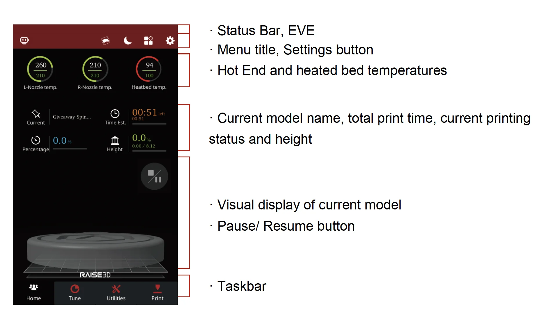 Raise3D MetalFuse control panel showing nozzle, bed temperatures, model name, print time, status, and taskbar.