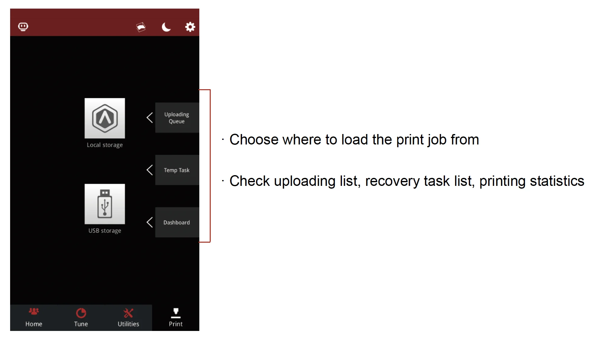 Raise3D MetalFuse interface displaying options for local and USB storage, uploading queue, temp task, and dashboard with loading instructions.