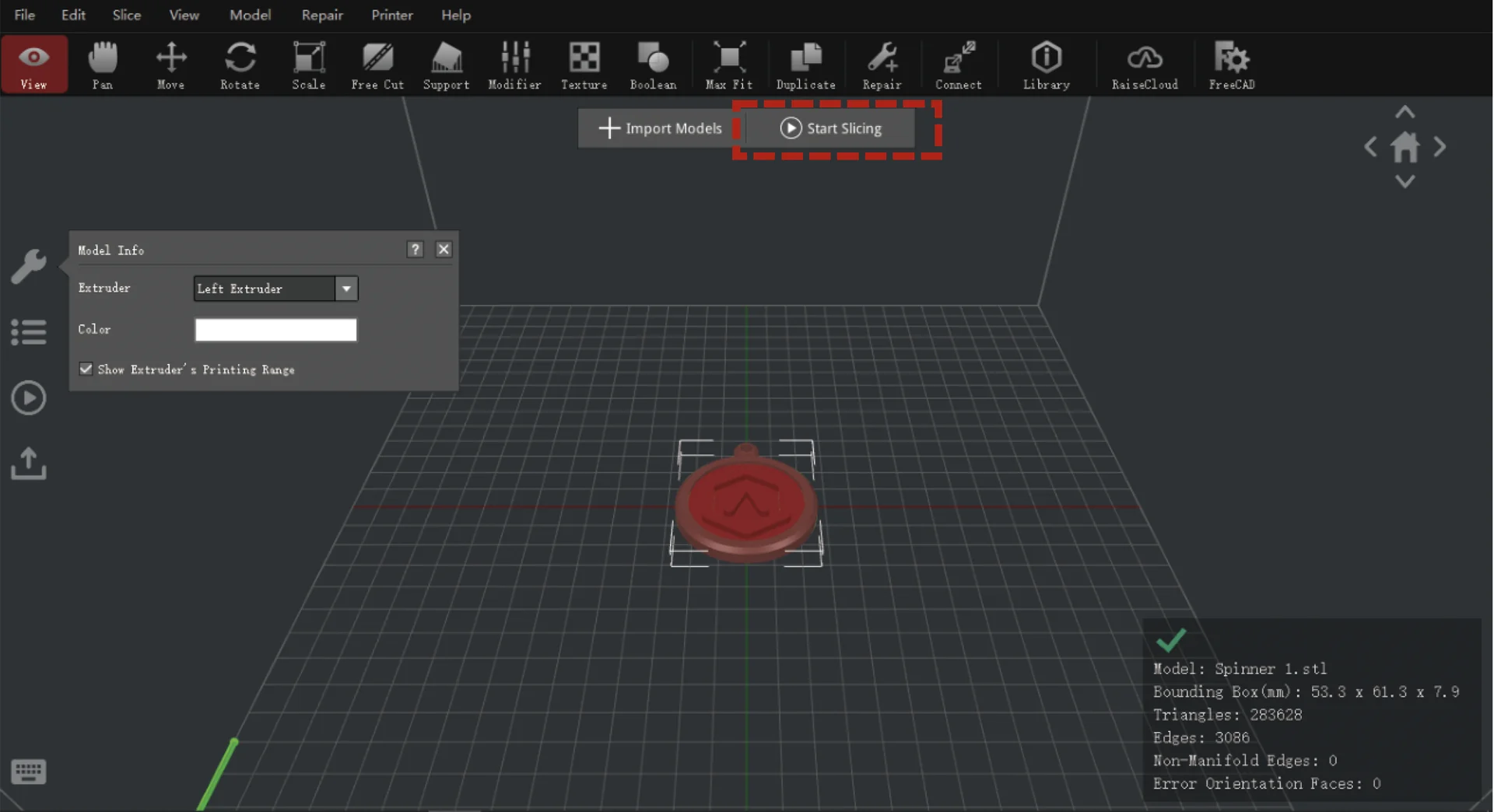 Raise3D MetalFuse interface showing 3D model setup for printing with selection tools, grid layout, and slicing option for metal part creation.
