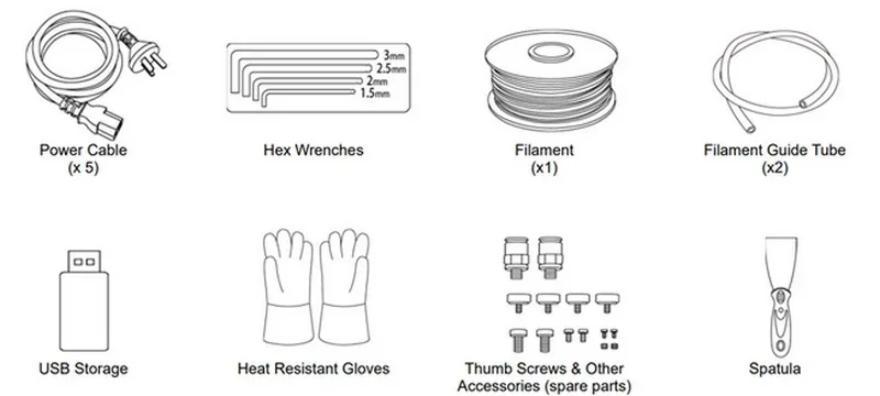 Power cable, hex wrenches, filament, guide tube, USB storage, heat gloves, thumb screws, spatula; accessories for Raise3D Metalfuse 3D printer.