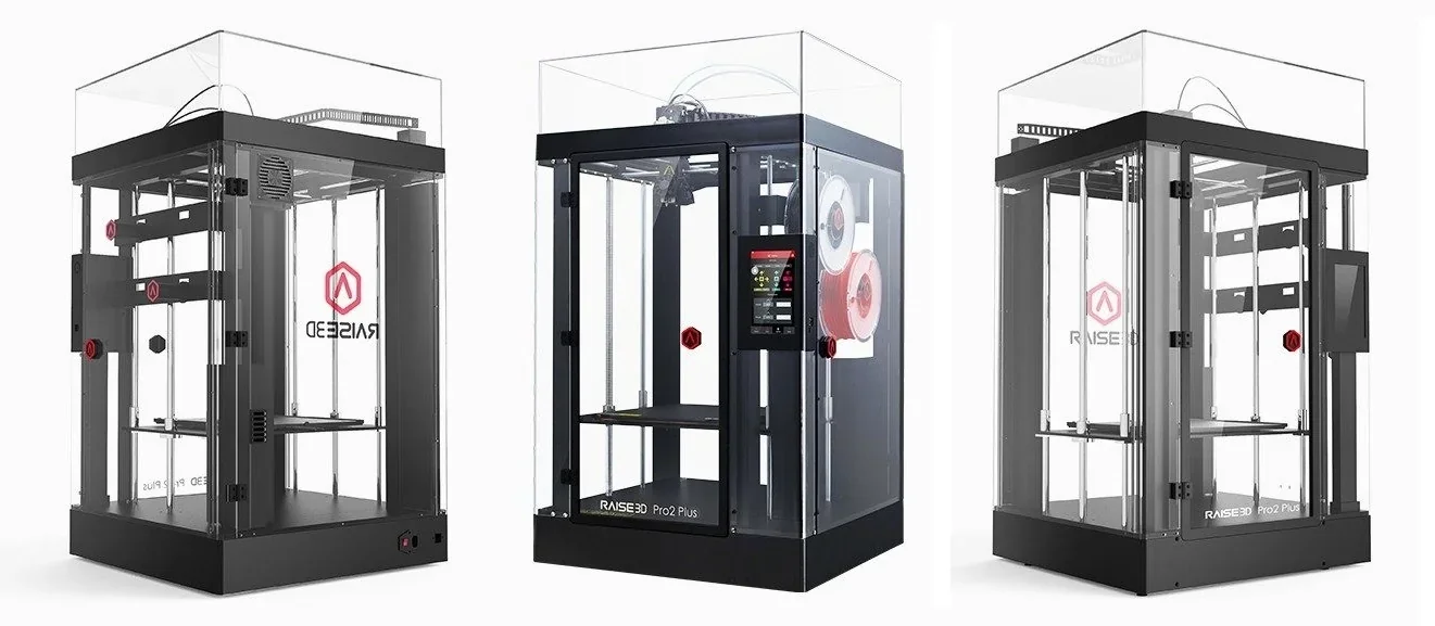 Raise3D Pro2 Plus 3D printers, black with transparent casing, showing branding and dual extruders, perfect for creating detailed parts and samples.