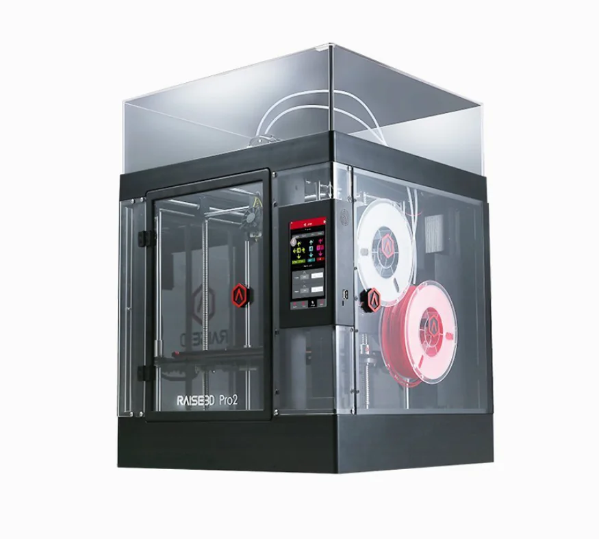 Raise3D Pro2 Plus 3D Printer with transparent enclosure, touchscreen control, and dual extruder filament spools.