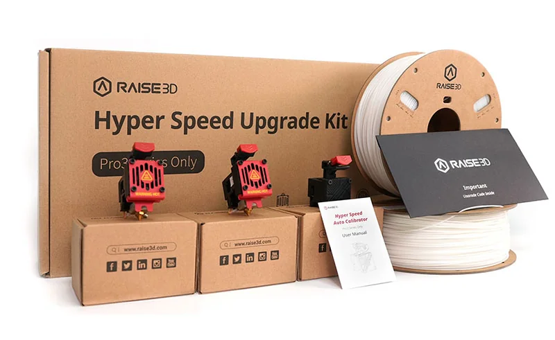 Raise3D Pro2 Plus Hyper Speed Upgrade Kit with filament spool, red and black extruders, user manual, and branded boxes displayed neatly.