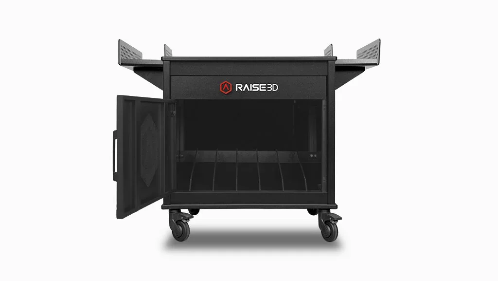 Raise3D cart with open storage, black design, and visible branding, compatible with Raise3D Pro2 Plus 3D printer samples and parts.