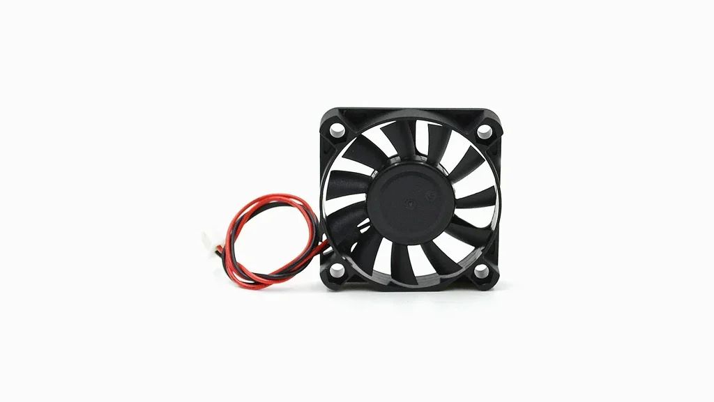 Cooling fan component from the Raise3D Pro2 Plus 3D printer, featuring a black casing, visible wiring, designed for efficient temperature management.