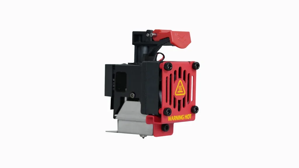 Raise3D Pro3 extruder component, red and black design with "Warning Hot" label, positioned against a white background for 3D printing.