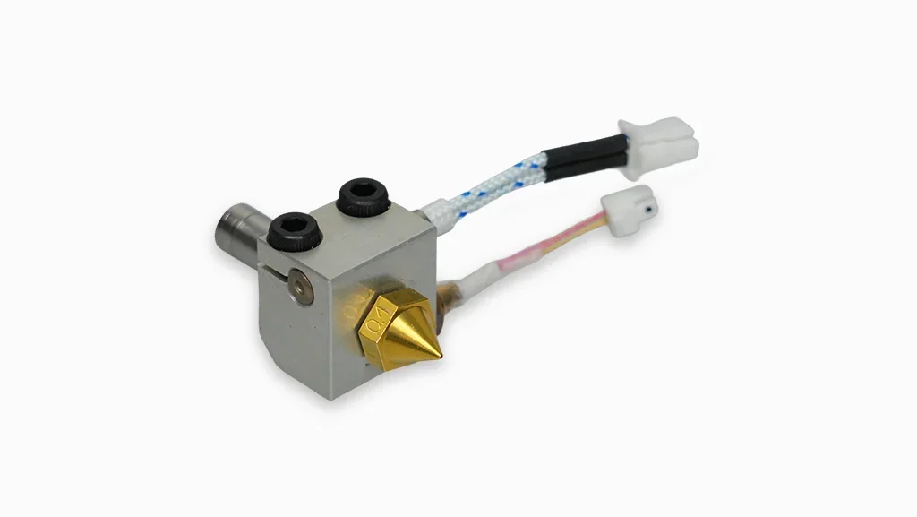 Metal 3D printer nozzle assembly with wires, used in Raise3D Pro3 for precise printing.