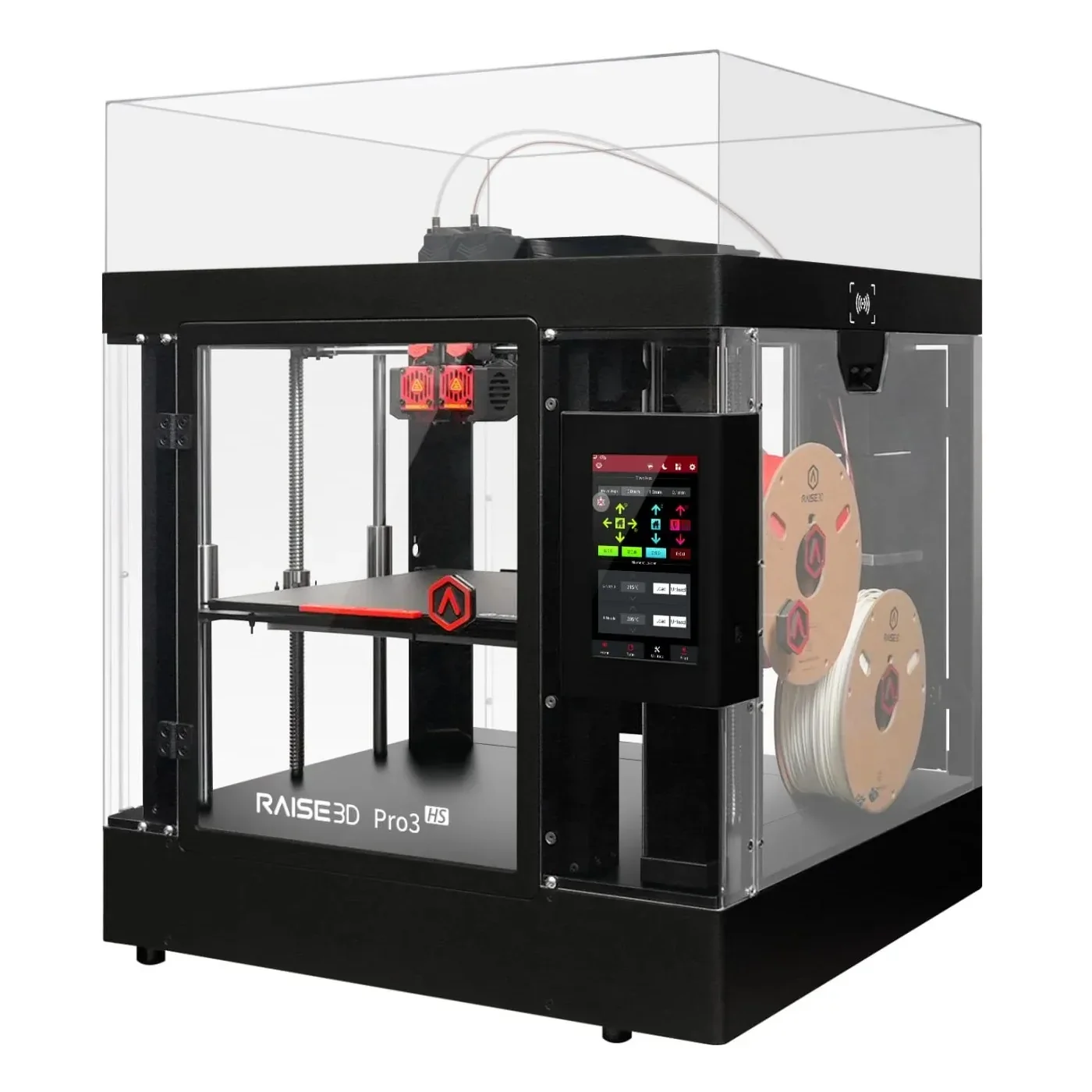 Raise3D Pro3 3D printer with clear enclosure, red interior lighting, control screen, and filament spools, showing parts created by it.
