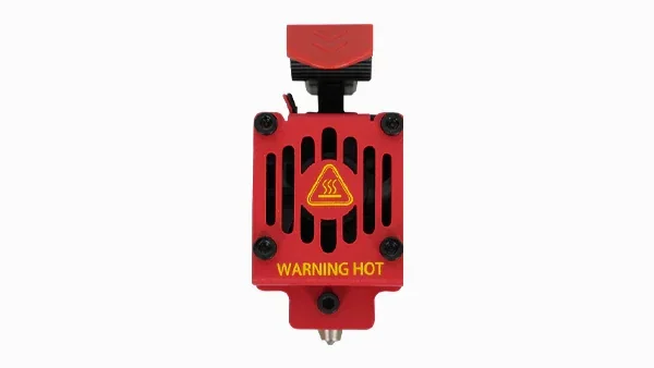 Raise3D Pro3 hotend assembly, red with warning label for high heat, showcasing precise engineering in 3D printing technology.
