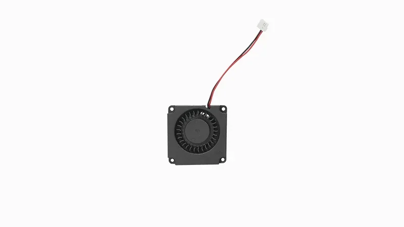Black cooling fan for Raise3D Pro3 3D printer, featuring a compact square design with two red and black wires extending, set against a white background.