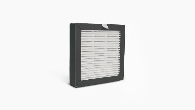 Black frame containing a white HEPA air filter, associated with the Raise3D Pro3 3D printer.