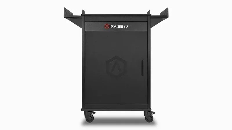 Raise3D Pro3 printer in a black metal cabinet, featuring the Raise3D logo, equipped with wheels for mobility, ideal for professional 3D printing.