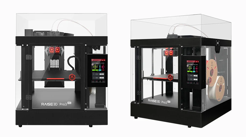 Raise3D Pro3 HS 3D printers with dual extrusion, spools of filament, touchscreen interfaces; designed for creating high-quality parts.
