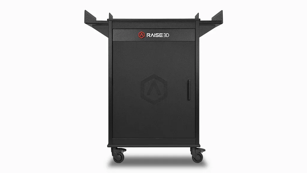 Raise3D Pro3 HS 3D printer, black with visible branding, on caster wheels, front view, suitable for printing intricate parts or samples.