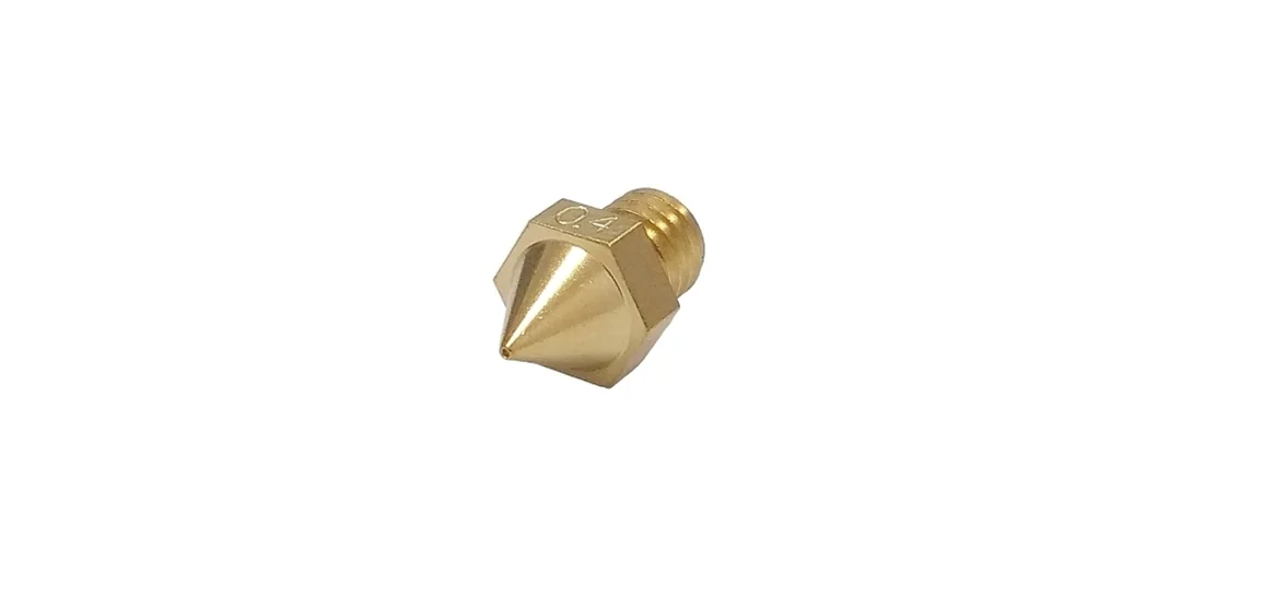 Raise3D Pro3 HS brass nozzle with a 0.4mm marking, used for precise 3D printing, isolated on a white background.
