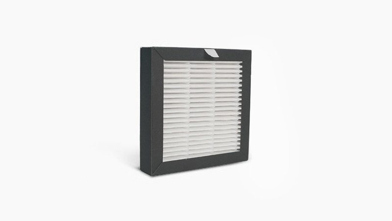 A HEPA filter encased in a square black frame with white pleated filter material. This filter is designed to capture fine particles and is used in 3D printers like the Raise3D Pro3 HS to maintain a clean and safe printing environment by filtering out particulates and odors during the printing process.