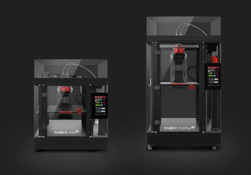 The image presents a comparison between two models, the Raise3D Pro3 HS and the Pro3 Plus HS 3D printers, set against a dark background. The Pro3 HS on the left is smaller, while the Pro3 Plus HS on the right is taller and has a larger build volume, as indicated by their differing dimensions. Both printers maintain a similar design with an enclosed structure and transparent tops. The control panels, located on the right of each model, display vibrant user interfaces. Branding labels are seen at the bottom of both printers, distinguishing the two models.