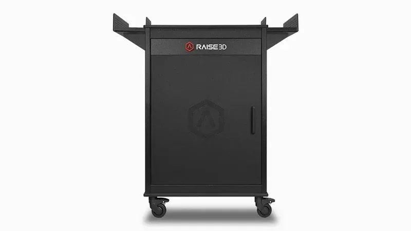 Raise3D Pro3 HS 3D printer cabinet with logo, featuring sturdy design, caster wheels for mobility; ideal for commercial and professional environments.