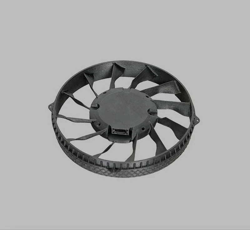 Raise3D Pro3 HS printed black plastic fan with intricate blade design on a gray background.