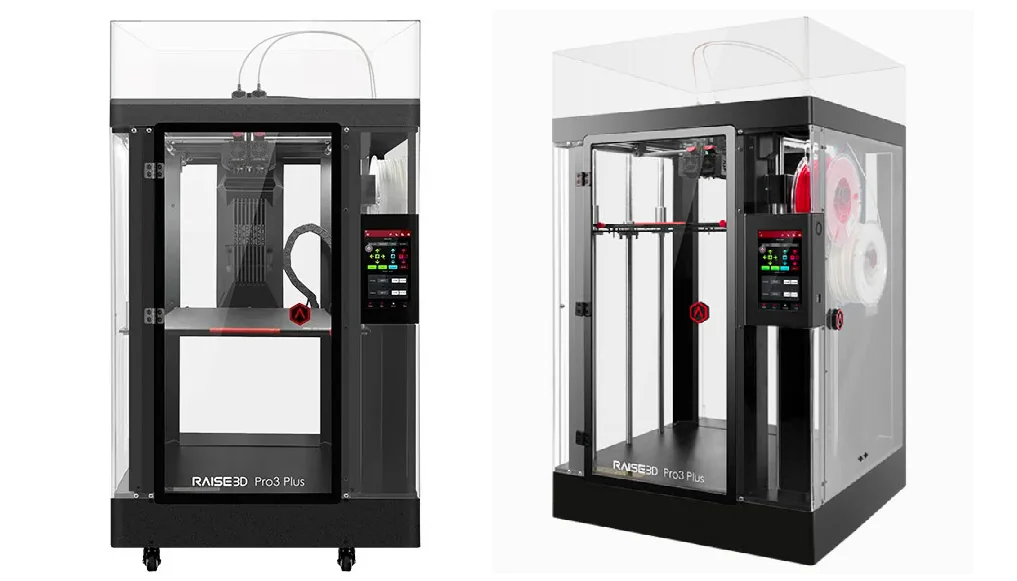 Raise3D Pro3 Plus 3D printer with transparent casing, touchscreen, filament spools; samples created by this printer.