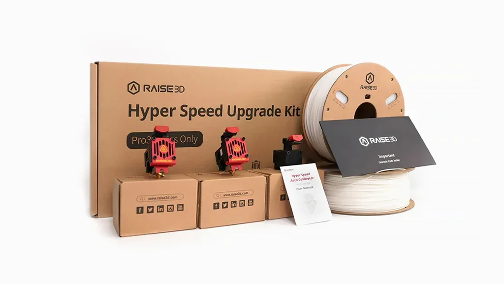 Raise3D Pro3 Plus Hyper Speed Upgrade Kit with spools, components, and manuals displayed in front of branded packaging.