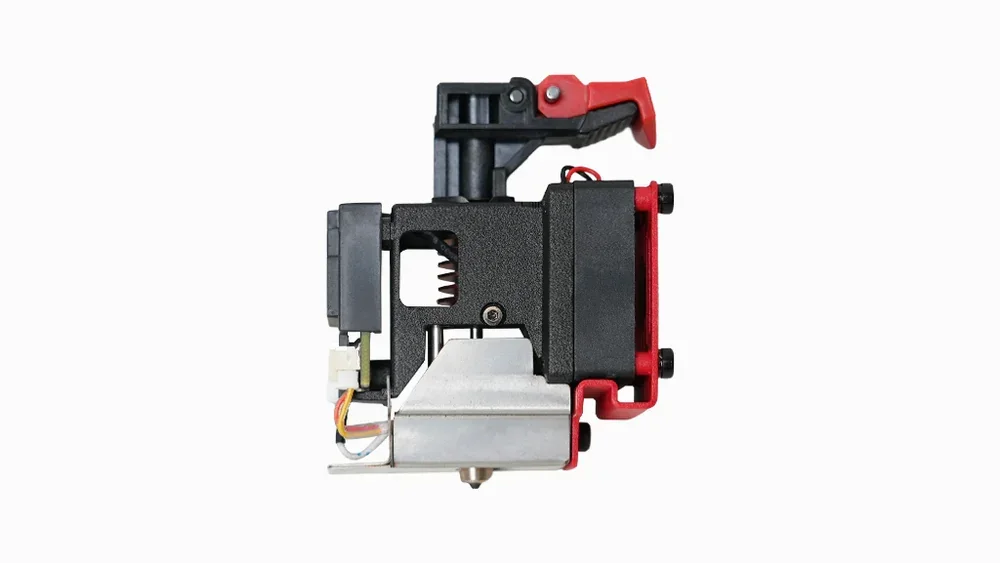 Raise3D Pro3 Plus extruder assembly with red and black components, wiring visible, highlights part of 3D printer mechanics.