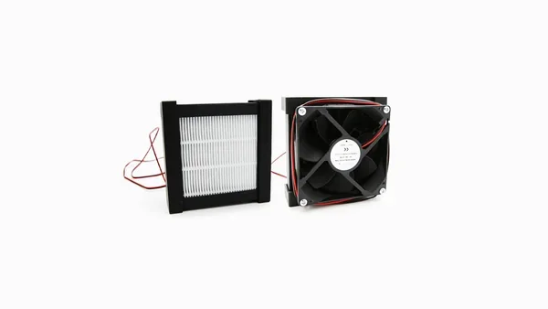 Raise3D Pro3 Plus printer filter and fan set, showcasing components likely produced by the device; featuring a white background.
