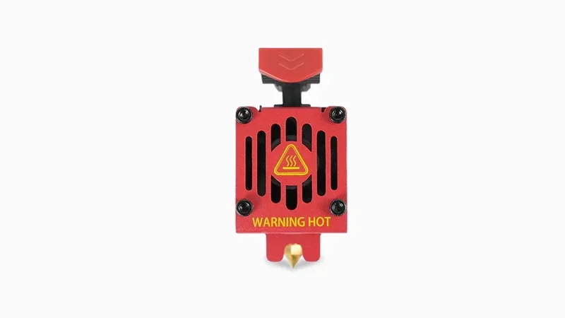 Raise3D Pro3 Plus 3D printer extruder with red heat block, warning label, and nozzle, designed for precise and professional-grade printing.