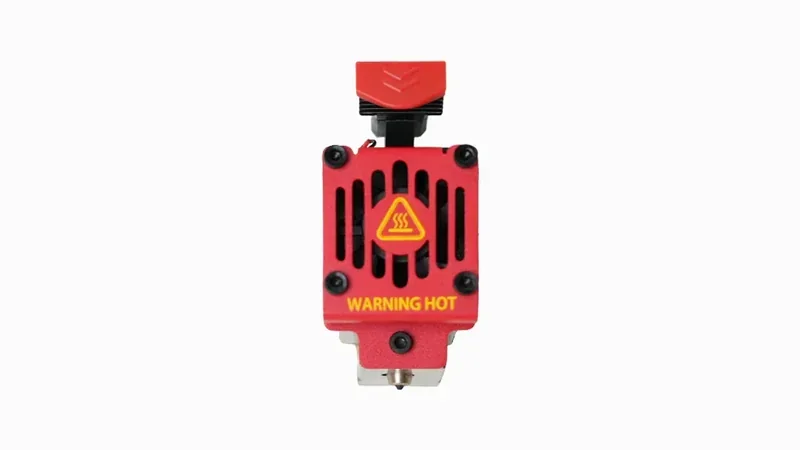 Red hotend component with "Warning Hot" text, associated with Raise3D Pro3 Plus 3D printer. Features visible for safe high-temperature printing.