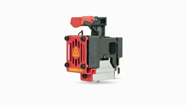 Raise3D Pro3 Plus component with a red and black design, featuring a "Warning Hot" label, showcasing its high-performance 3D printing technology.