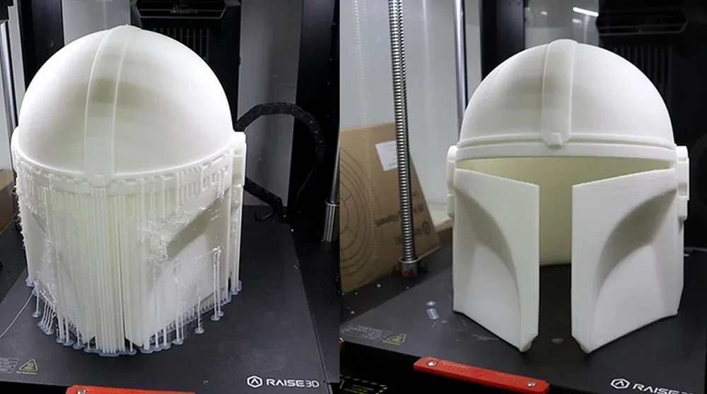 Raise3D Pro3 Plus 3D printer with a white helmet in progress on the left and completed on the right, showcasing precision and intricate support structures.