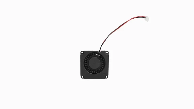 Cooling fan component for Raise3D Pro3 Plus, featuring a compact, black square design with a red and black wire for connectivity.