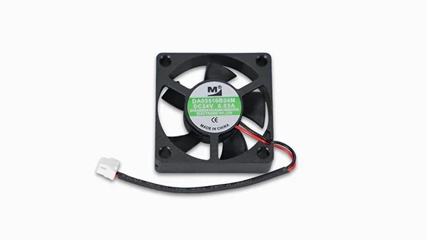 Small black cooling fan for the Raise3D Pro3 Plus 3D printer with attached wire and connector, displayed on a white background.