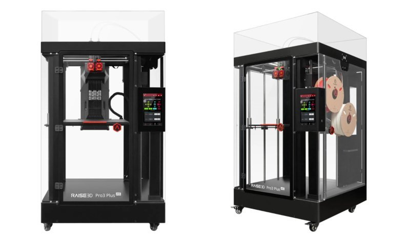 The Raise3D Pro3 Plus HS 3D printer is displayed in two perspectives: front and angled side view. It features a robust, enclosed black chassis with a transparent upper section. Prominently visible is the dual extrusion system with red nozzles, highlighting its advanced printing capabilities. A large, interactive touchscreen interface is mounted on the front for easy operation. Filament spools are neatly arranged within the enclosure, showcasing efficient material management. The Raise3D branding is clear on the printer base, indicating the model name, Pro3 Plus HS.