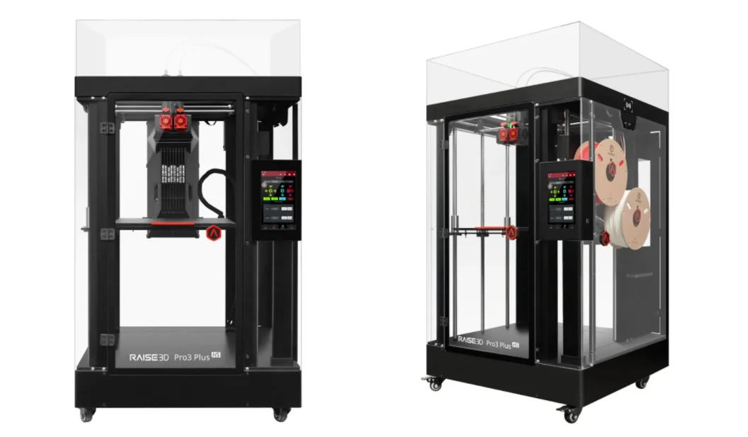 Raise3D Pro3 Plus HS 3D printer with dual extruders, touchscreen, enclosed frame, and filament spools for creating sample parts.