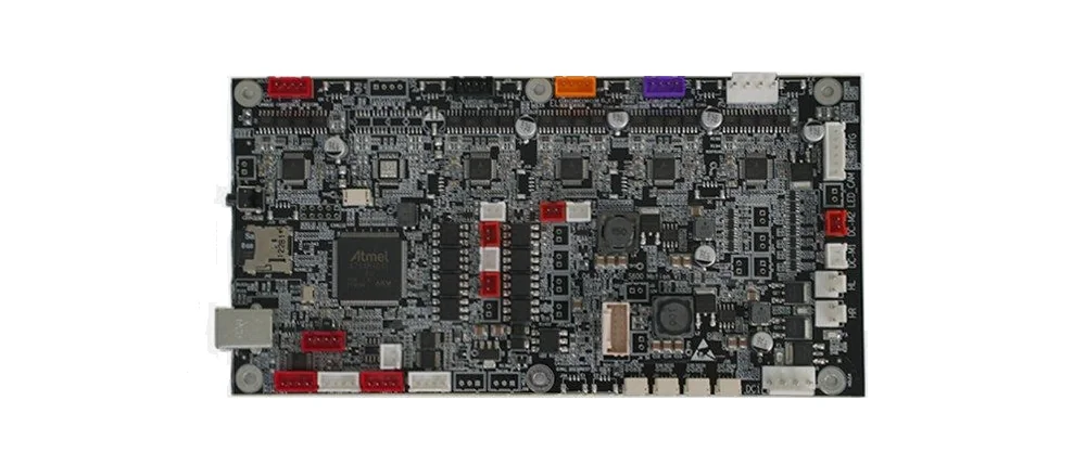 Raise3D Pro3 Plus HS circuit board with Atmel chip and various ports, showcasing technical complexity and control components for 3D printing.