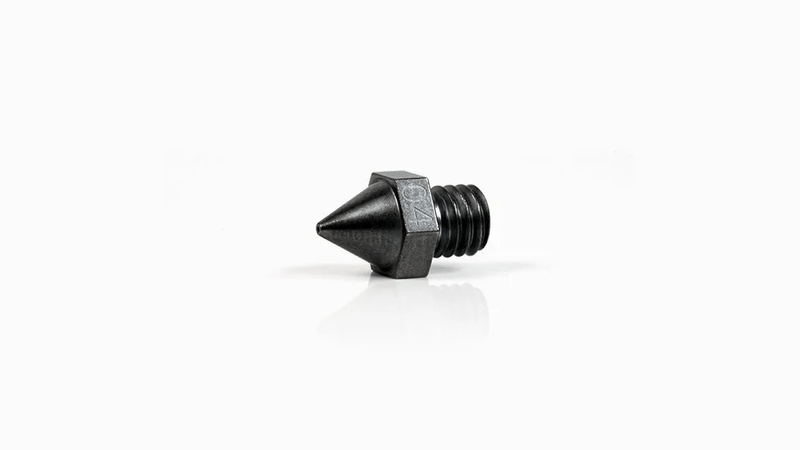 A single extrusion nozzle designed for the Raise3D Pro3 Plus HS 3D printer. The nozzle is metallic with a conical shape, featuring a threaded end for attachment. It is set against a plain white background, highlighting its precise engineering and detailed craftsmanship essential for high-quality 3D printing.