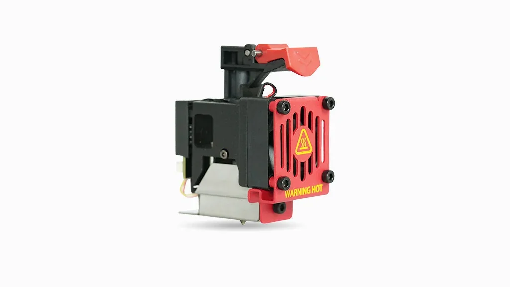 Raise3D Pro3 Plus HS hotend component, featuring a red and black design with a warning label, essential for precise 3D printing.