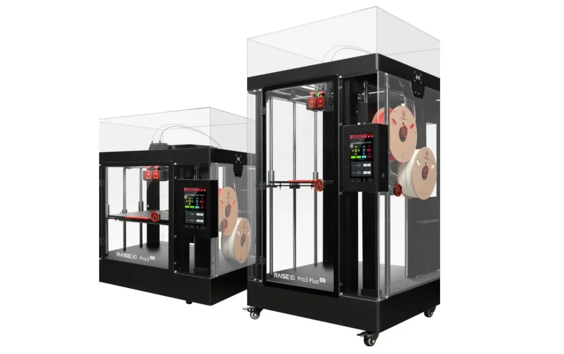 Raise3D Pro3 Plus 3D printers with transparent enclosures, filament spools, and touchscreens, showcasing advanced design for precision printing.