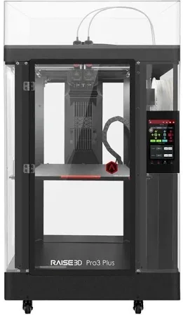 This image features the Raise3D Pro3 Plus HS in its entirety, showcasing a tall, enclosed design with transparent side panels. The front view highlights the printer's expansive build volume and the internal moving components are clearly visible through the front door. The printer's control interface is mounted on the right side, featuring a colorful touchscreen display for easy operation. Branding is visible on the base of the printer, labeled 