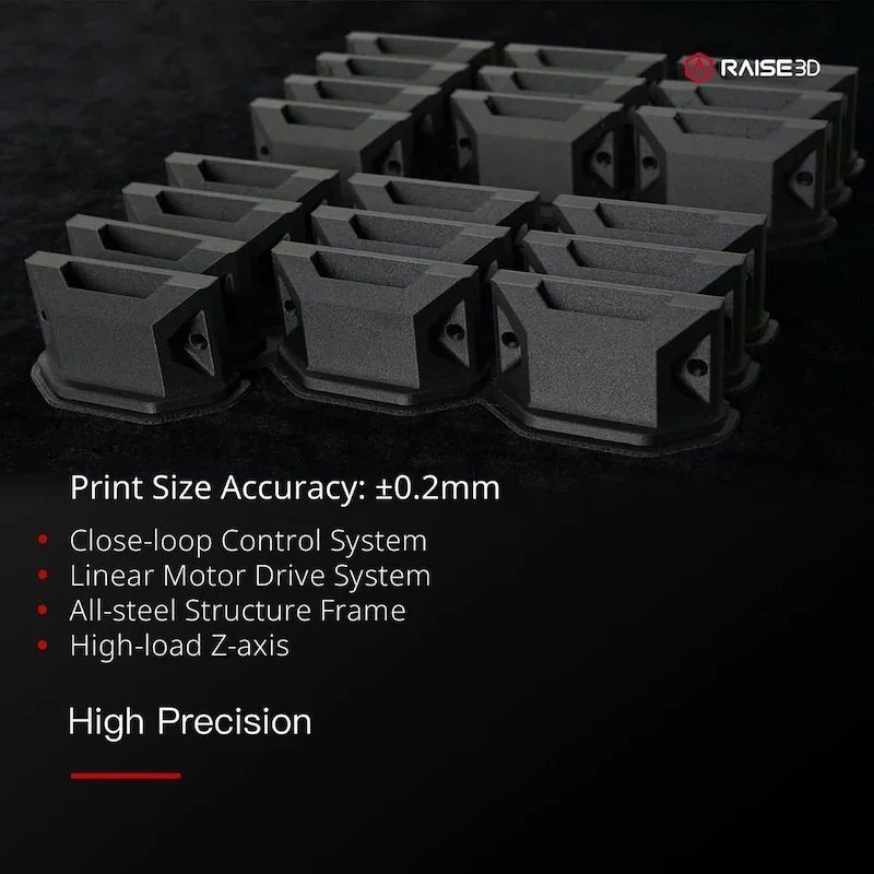 Raise3D RMF500 prints precise black parts; features include a closed-loop control, linear motor drive, all-steel structure, high-load Z-axis.