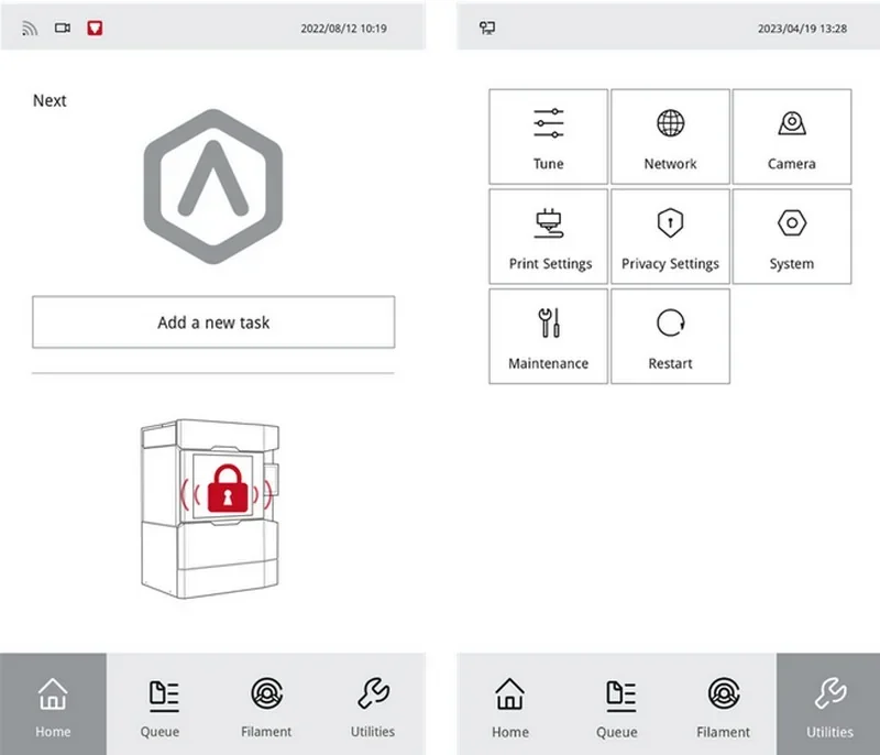 Raise3D RMF500 interface displays settings and controls with icons for print settings, system, maintenance, and security, optimized for 3D printing tasks.