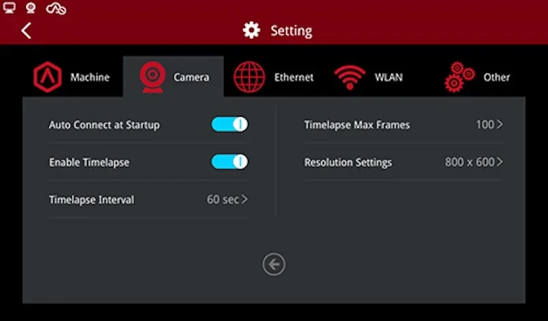 Raise3D RMF500 settings interface with camera and timelapse options; features auto-connect, interval, frames, and resolution adjustments.