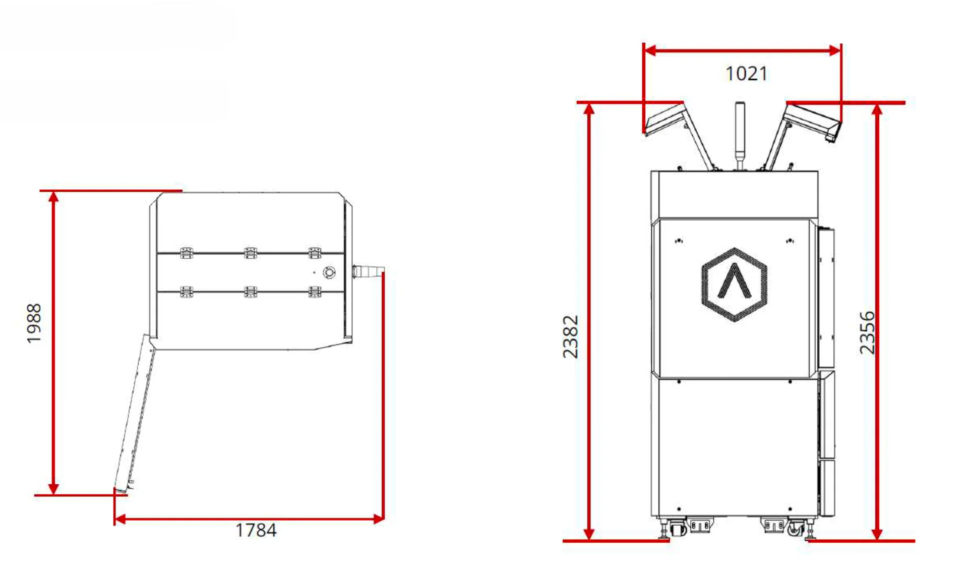 Raise3D RMF500 technical diagram with dimensions, showing front and side views, featuring branded logo, no samples shown.